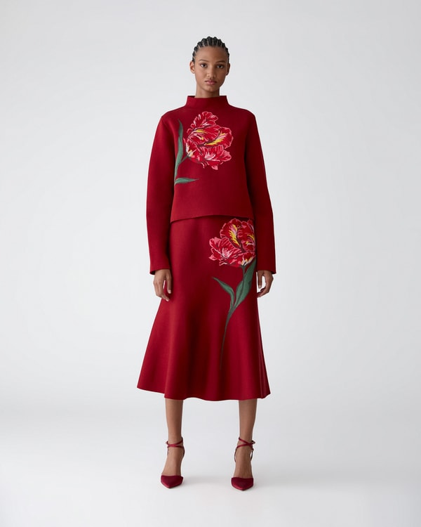 Floral Jacquard Flared Midi Skirt